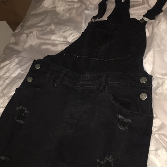All black distressed jean overalls - Picture 3 of 4